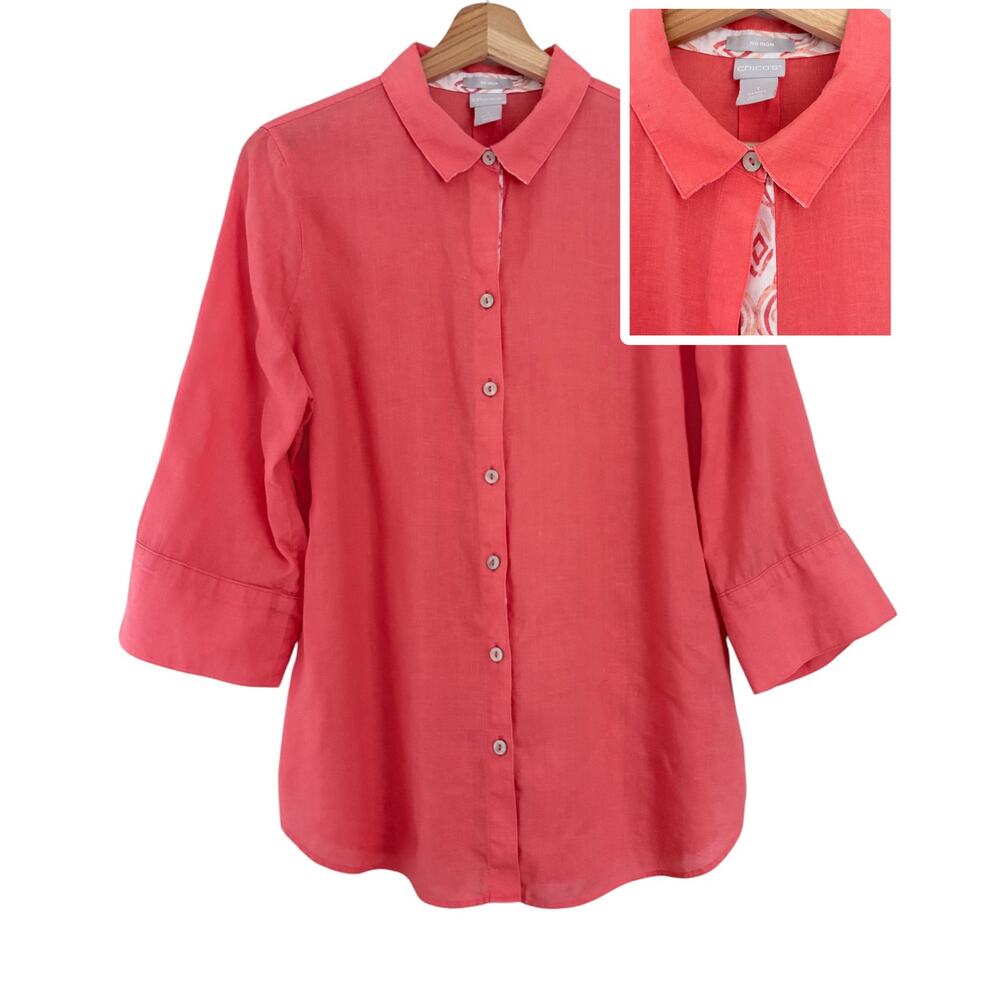 CHICOS No-Iron Linen Button Front Shirt Coral Contrast 3/4 Sleeve Resort Career
